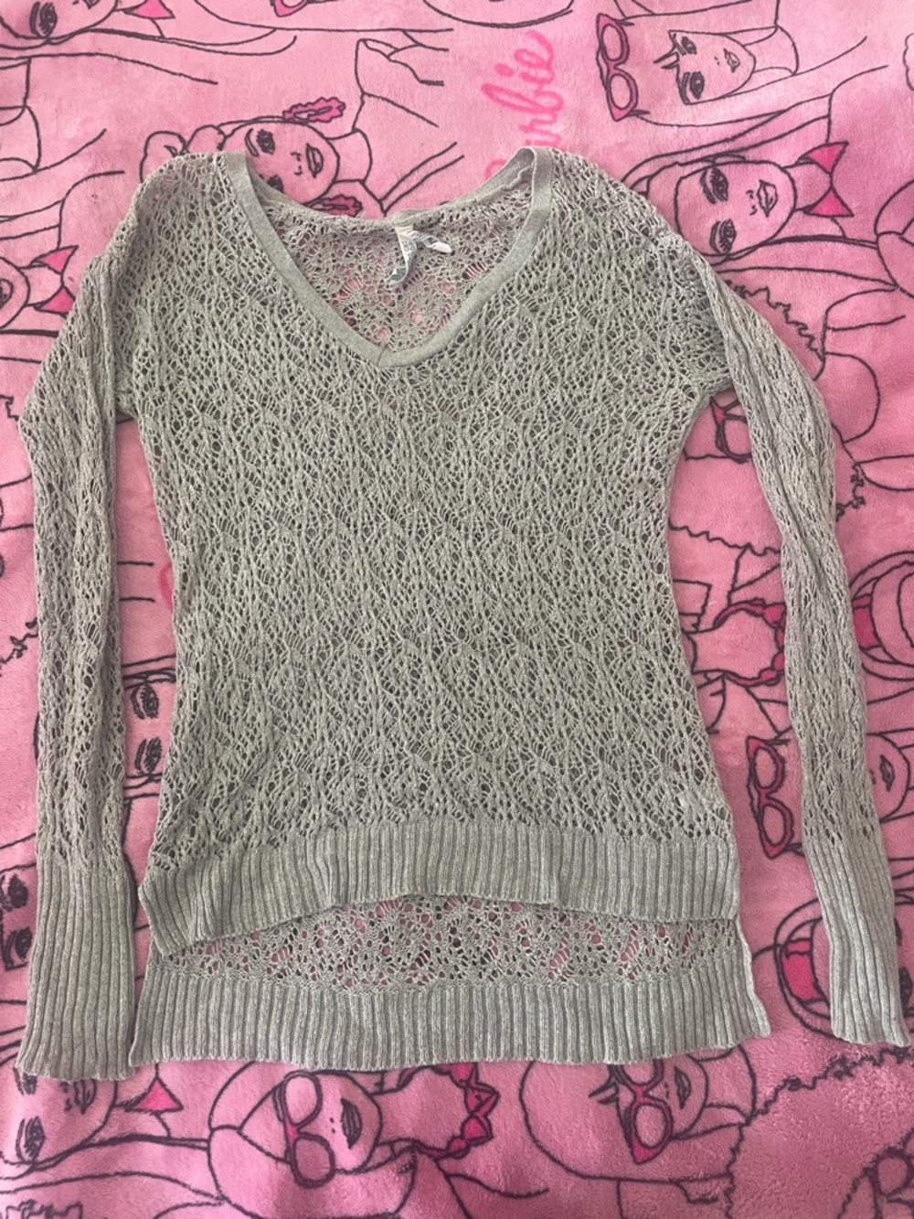 Aeropostale Light Gray Open-Knit V-Neck Sweater